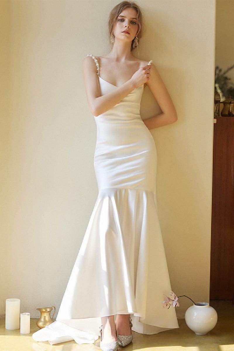 Trumpet-Mermaid High-Low Satin Wedding Dress 826634920868 - COCOMELODY